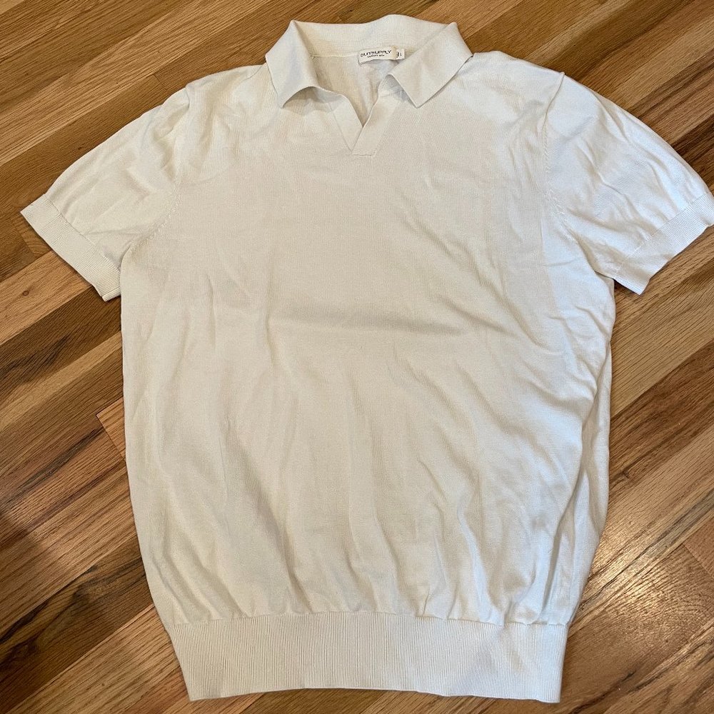 SuitSupply Off-White Buttonless Polo Mens Cotton Silk Short Sleeve Shirt Large
